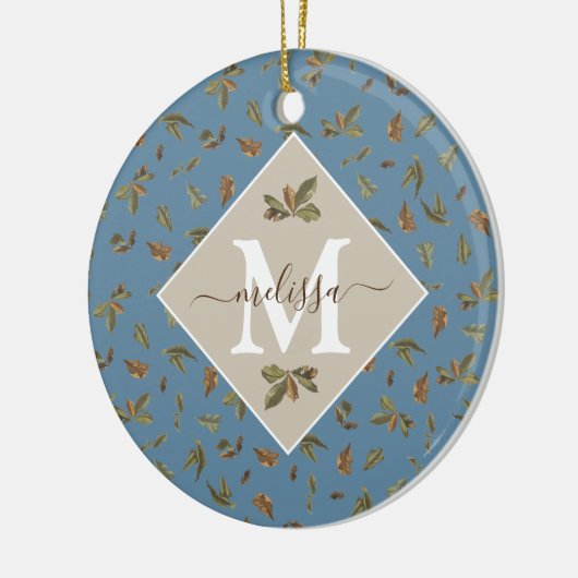 Dusty Blue Rustic Brown Blätter Mit Monogramm Keramik Ornament (Links)