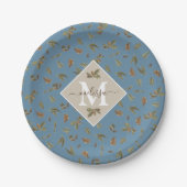 Dusty Blue Rustic Brown Blätter Mit Monogramm Pappteller (Vorderseite)