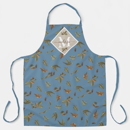 Dusty Blue Rustic Brown Blätter Mit Monogramm Schürze (Vorderseite)