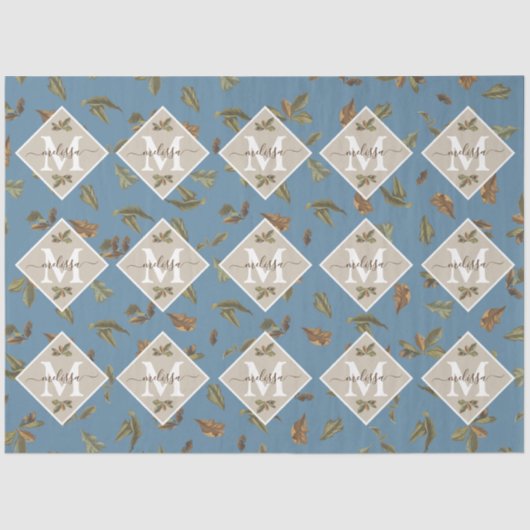 Dusty Blue Rustic Brown Blätter Mit Monogramm Seidenpapier (Vorderseite)