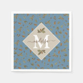 Dusty Blue Rustic Brown Blätter Mit Monogramm Serviette (Vorderseite)