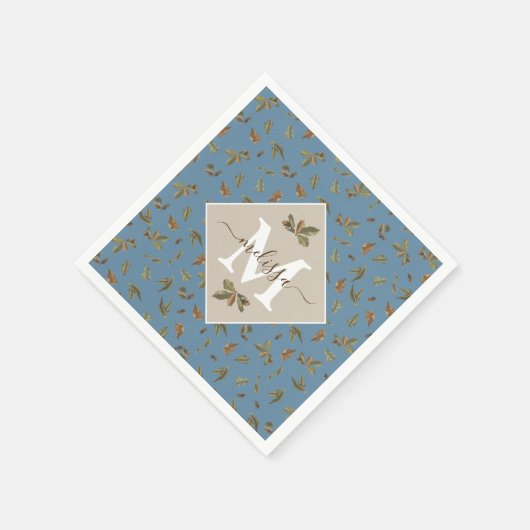 Dusty Blue Rustic Brown Blätter Mit Monogramm Serviette (Ecke)