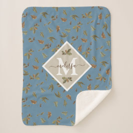 Dusty Blue Rustic Brown Blätter Mit Monogramm Sherpadecke
