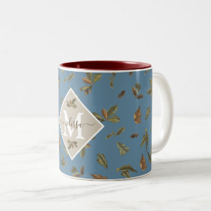 Dusty Blue Rustic Brown Blätter Mit Monogramm Zweifarbige Tasse