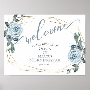 Dusty Blue Rustic Floral Calligraphy Welcome Poster