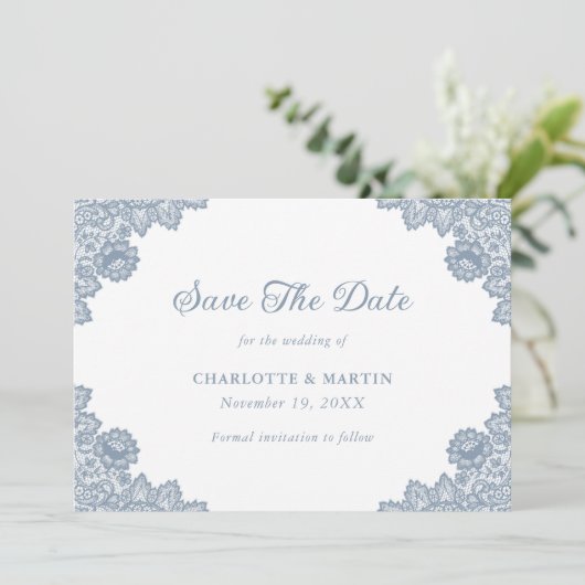 Dusty Blue Rustic Floral Lace Wedding Save The Date (Stehend Vorderseite)