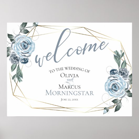 Dusty Blue Rustic Floral Wedding Willkommen Poster (Vorne)