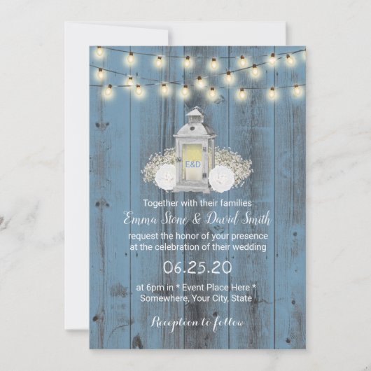 Dusty Blue Rustic Lantern & String Lights Wedding Einladung (Vorderseite)