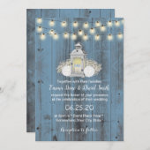 Dusty Blue Rustic Lantern & String Lights Wedding Einladung (Vorne/Hinten)