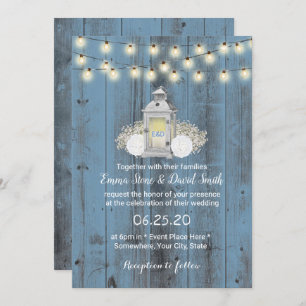 Dusty Blue Rustic Lantern & String Lights Wedding Einladung
