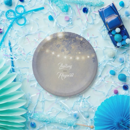 Dusty Blue Rustic String Lights Wedding Pappteller (Party)