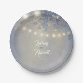Dusty Blue Rustic String Lights Wedding Pappteller (Vorderseite)
