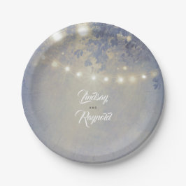 Dusty Blue Rustic String Lights Wedding Pappteller