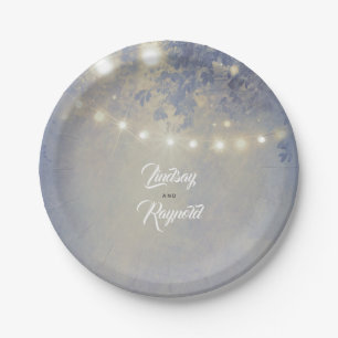 Dusty Blue Rustic String Lights Wedding Pappteller