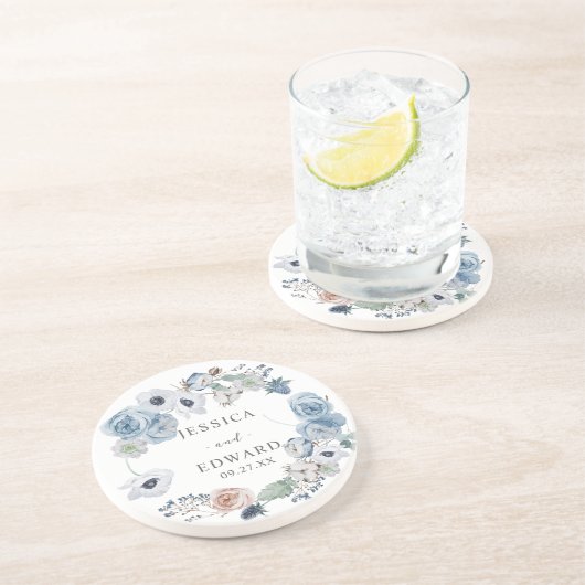 Dusty Blue Rustic Wedding Floral Getränkeuntersetzer (Seite)