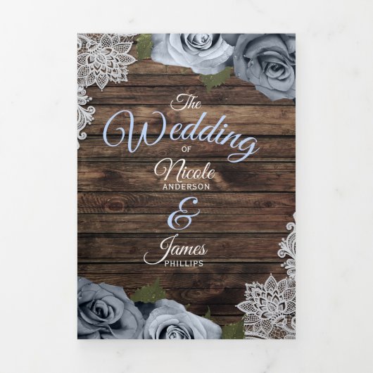 Dusty Blue Rustic Wood Trifold Wedding Program Dreifach Gefaltete Einladung (Cover)