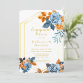 Dusty Blue & Rusty Peony Gold Engagement Party Einladung (Stehend Vorderseite)