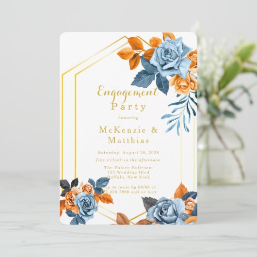 Dusty Blue & Rusty Peony Gold Engagement Party Einladung (Stehend Vorderseite)