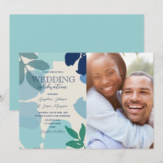 Dusty Blue Sage Boho Foto Wedding Einladung (Vorne/Hinten)