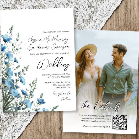 Dusty Blue Sage Boho Wildblumen Foto QR Wedding Einladung