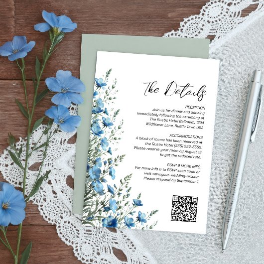 Dusty Blue & Sage Boho Wildblumen QR-Code Details Begleitkarte