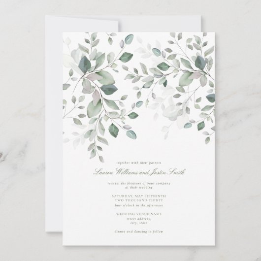 Dusty Blue Sage Green Botanical Script Hochzeit Einladung (Vorderseite)