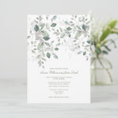 Dusty Blue Sage Green Botanical Script Hochzeit Einladung (Stehend Vorderseite)