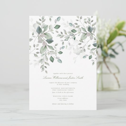 Dusty Blue Sage Green Botanical Script Hochzeit Einladung (Stehend Vorderseite)
