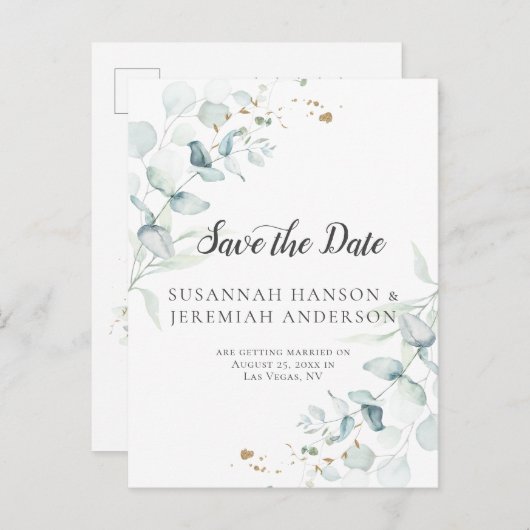 Dusty Blue Sage Green Eucalyptus Save the Date | Ankündigungspostkarte (Vorne/Hinten)