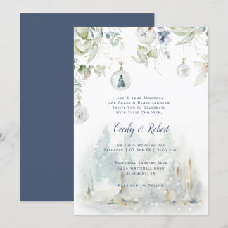 Dusty Blue Sage Green Floral Snow Globes Hochzeit Einladung