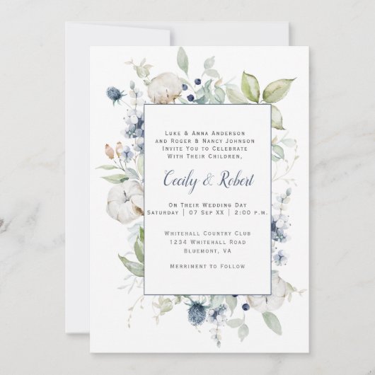 Dusty Blue Sage Green Gray Floral Frame Wedding Einladung (Vorderseite)