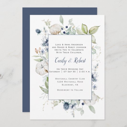 Dusty Blue Sage Green Gray Floral Frame Wedding Einladung (Vorne/Hinten)