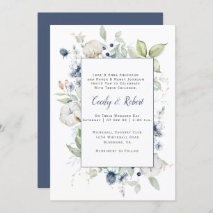 Dusty Blue Sage Green Gray Floral Frame Wedding Einladung