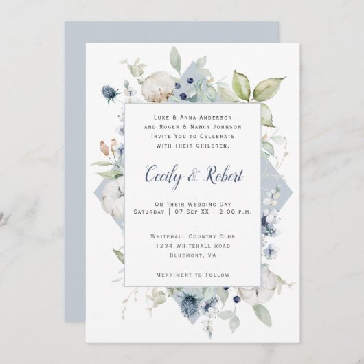 Dusty Blue Sage Green Gray Floral Frame Wedding Einladung (Vorne/Hinten)