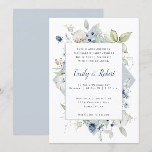 Dusty Blue Sage Green Gray Floral Frame Wedding Einladung
