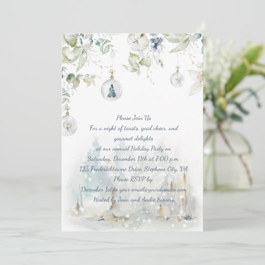 Dusty Blue, Sage Green Greenery Weihnachts-Party Einladung (Stehend Vorderseite)
