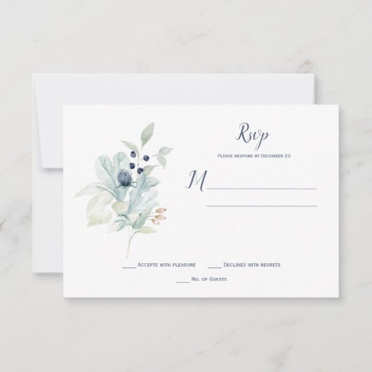 Dusty Blue Sage Green Winter Floral RSVP Karte (Vorderseite)