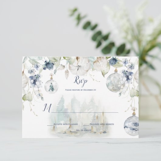 Dusty Blue Sage Green Winter Floral Snow Globes RSVP Karte (Stehend Vorderseite)