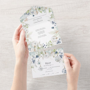 Dusty Blue Sage Green Winter Floral Wedding All In One Einladung