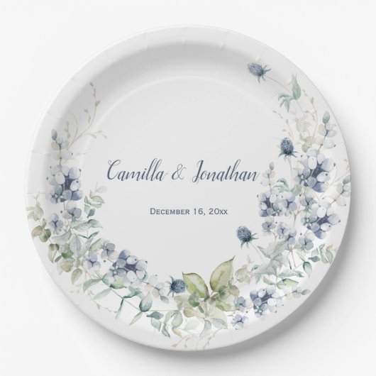 Dusty Blue Sage Green Winter Floral Wedding Pappteller (Vorderseite)
