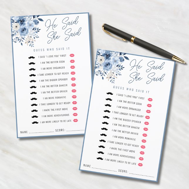 Dusty Blue sagte, sie sagte, Brautparty Game (Two "He Said, She Said" bridal shower game cards with dusty blue floral design.)