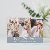 Dusty Blue Save the Date 3 Foto Elegante Moderne (Stehend Vorderseite)