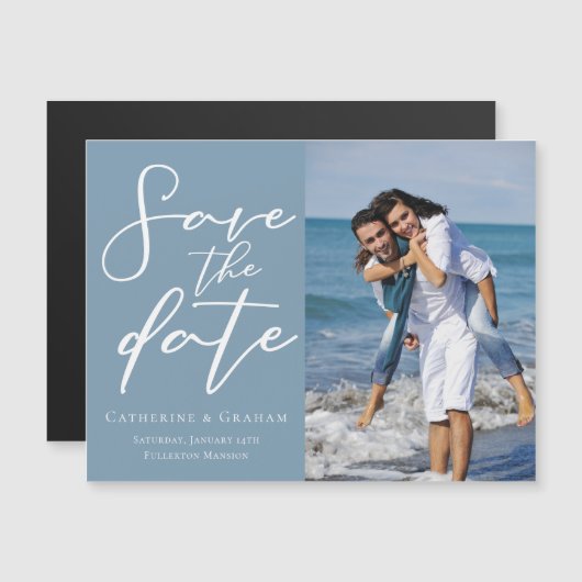 Dusty Blue Save the Date Couple Foto Magnet Card (Vorne/Hinten)
