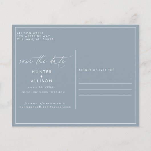 Dusty Blue Save the Date Postcard (Rückseite)