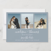 Dusty Blue Script 3 Foto Wedding Save the Date Magneteinladung (Vorderseite)