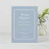 Dusty Blue Script Art Deco Foto Wedding Einladung (Stehend Vorderseite)