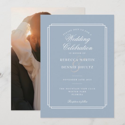 Dusty Blue Script Art Deco Foto Wedding Einladung (Vorne/Hinten)