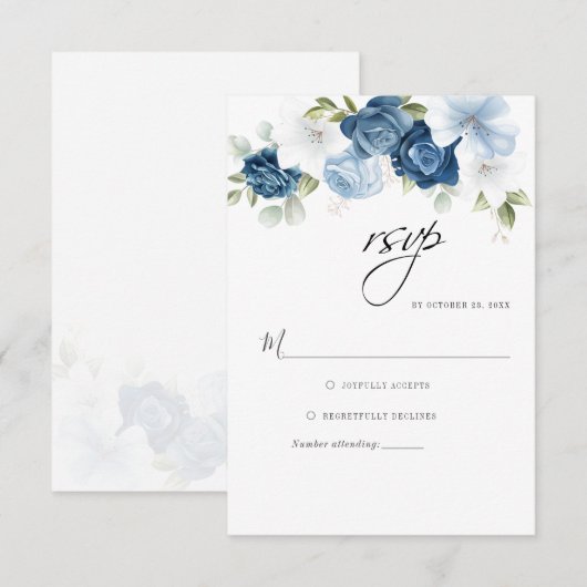 Dusty Blue Script Blumengrün Botanisch RSVP Karte (Vorne/Hinten)