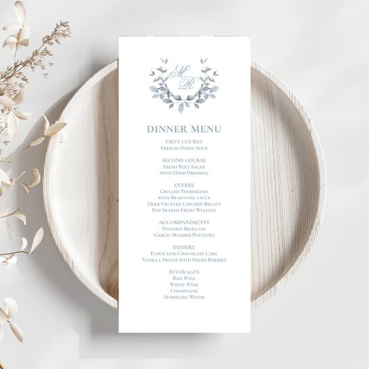 Dusty Blue Script Classic Wedding Dinner Menu Menükarte