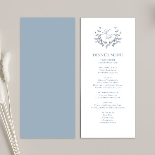 Dusty Blue Script Classic Wedding Dinner Menu Menükarte
